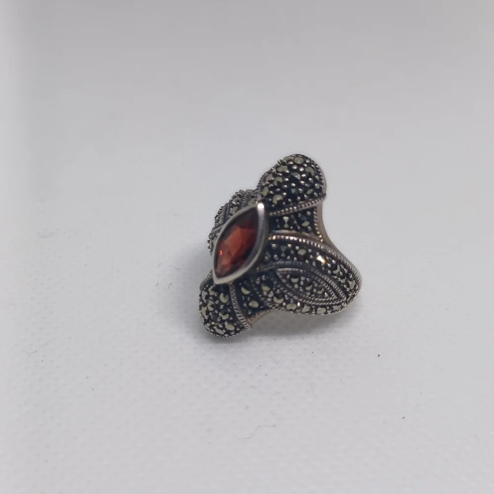 Vintage Sterling Judith Jack Red Garnet Marcasite Deco Statement Ring